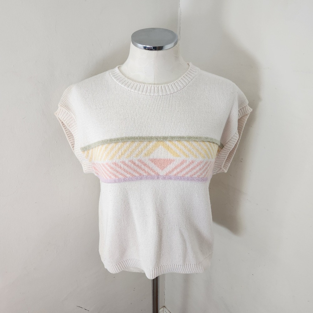 Keren Vintage 80s Pastel Geometric Stripe Cotton Knit Short Sleeve Sweater Cream